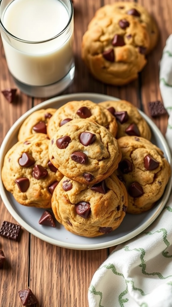 A plate of warm vegan chocolate chip cookies with melting chocolate chips, next to a glass of almond milk.